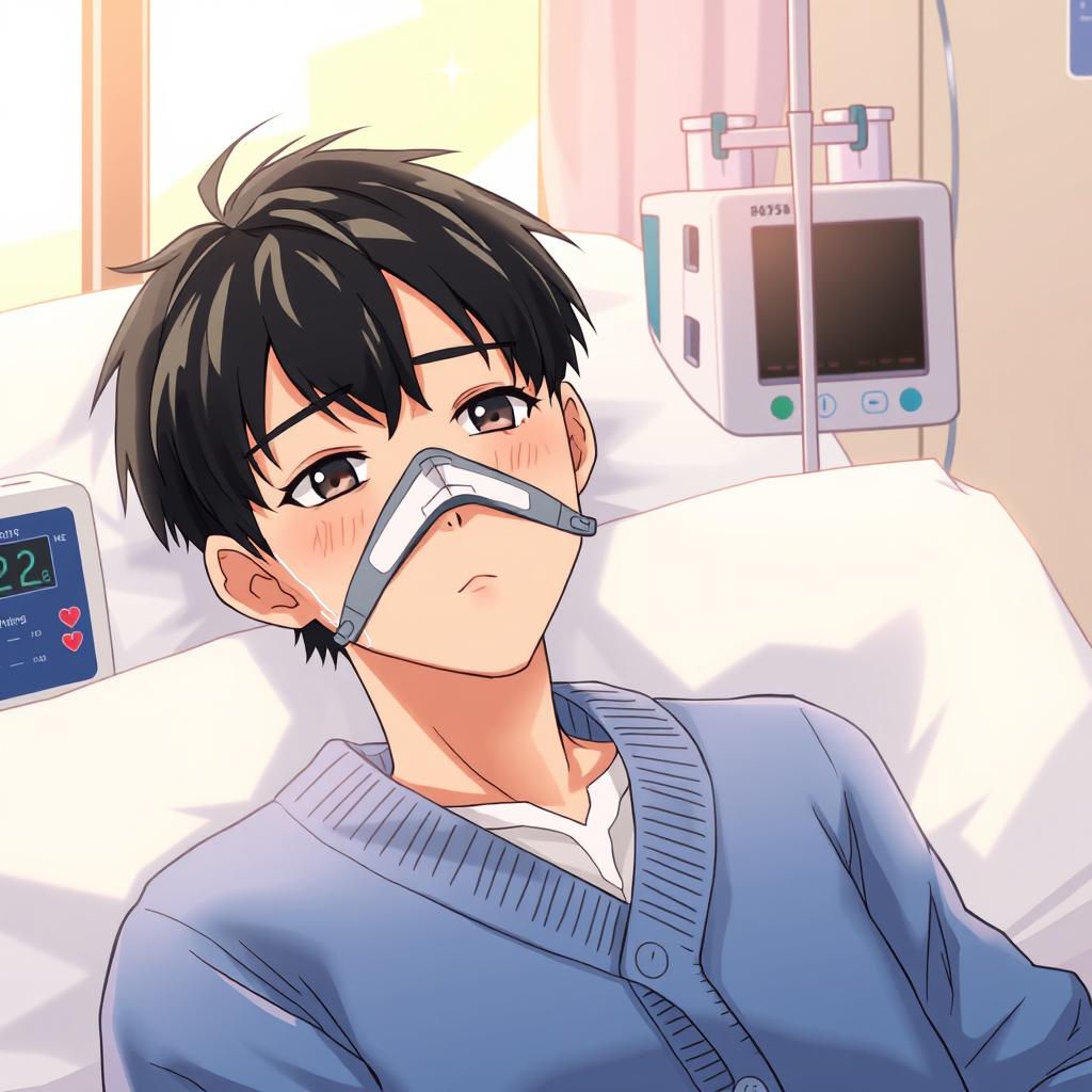 An anime-style illustration featuring a Japanese male in a hospital room, wearing an oxygen mask and a cozy blue cardigan