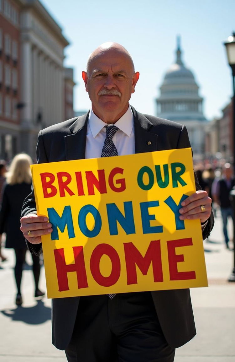 A bald politician standing confidently outdoors, holding a large, vibrant sign that reads "BRING OUR MONEY HOME" in bold letters