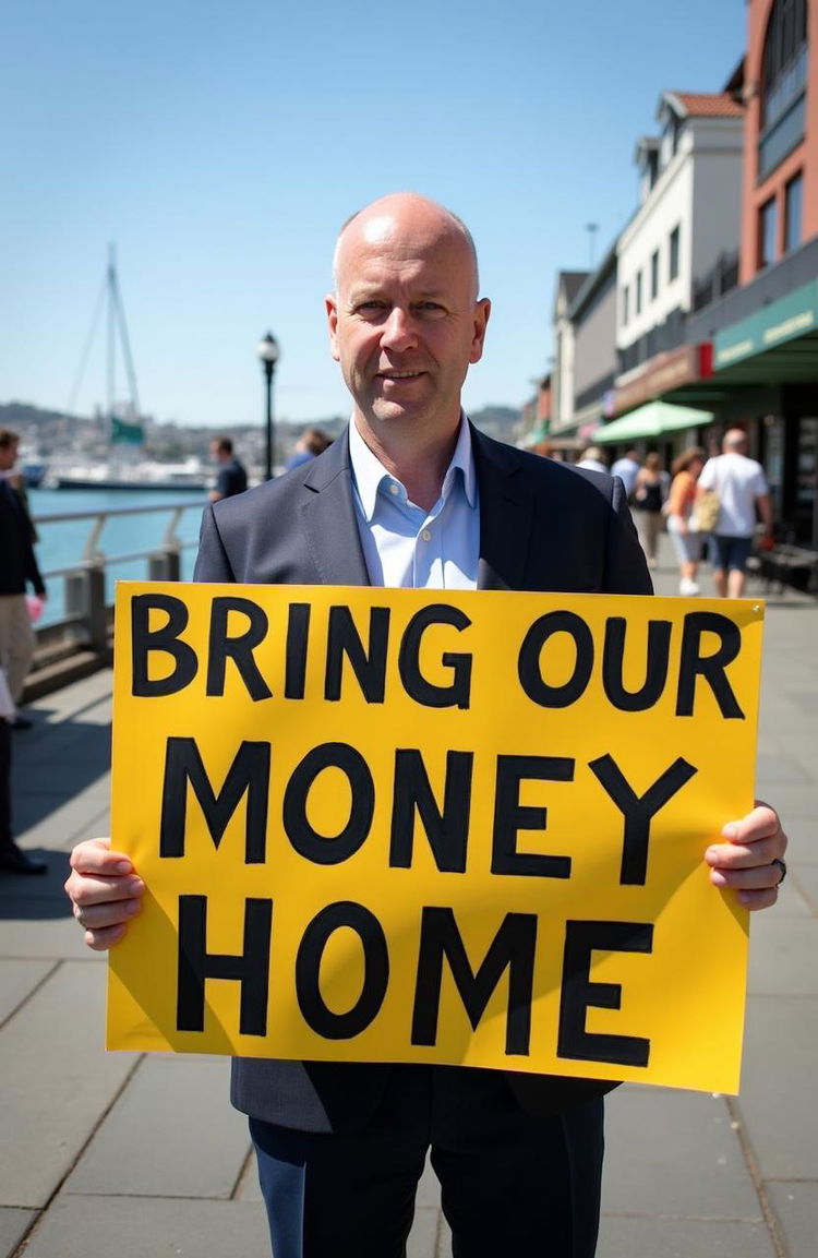 A bald politician resembling Chris Luxon, standing confidently outdoors in Wellington, New Zealand, holding a large, vibrant sign that reads "BRING OUR MONEY HOME" in bold letters