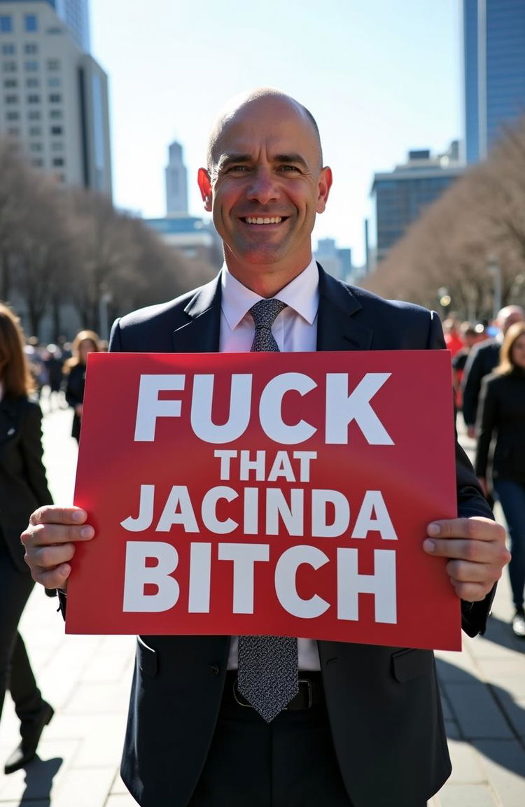 A bald politician standing confidently outdoors, holding a large, vibrant sign that reads "Fuck That Jacinda Bitch" in bold letters