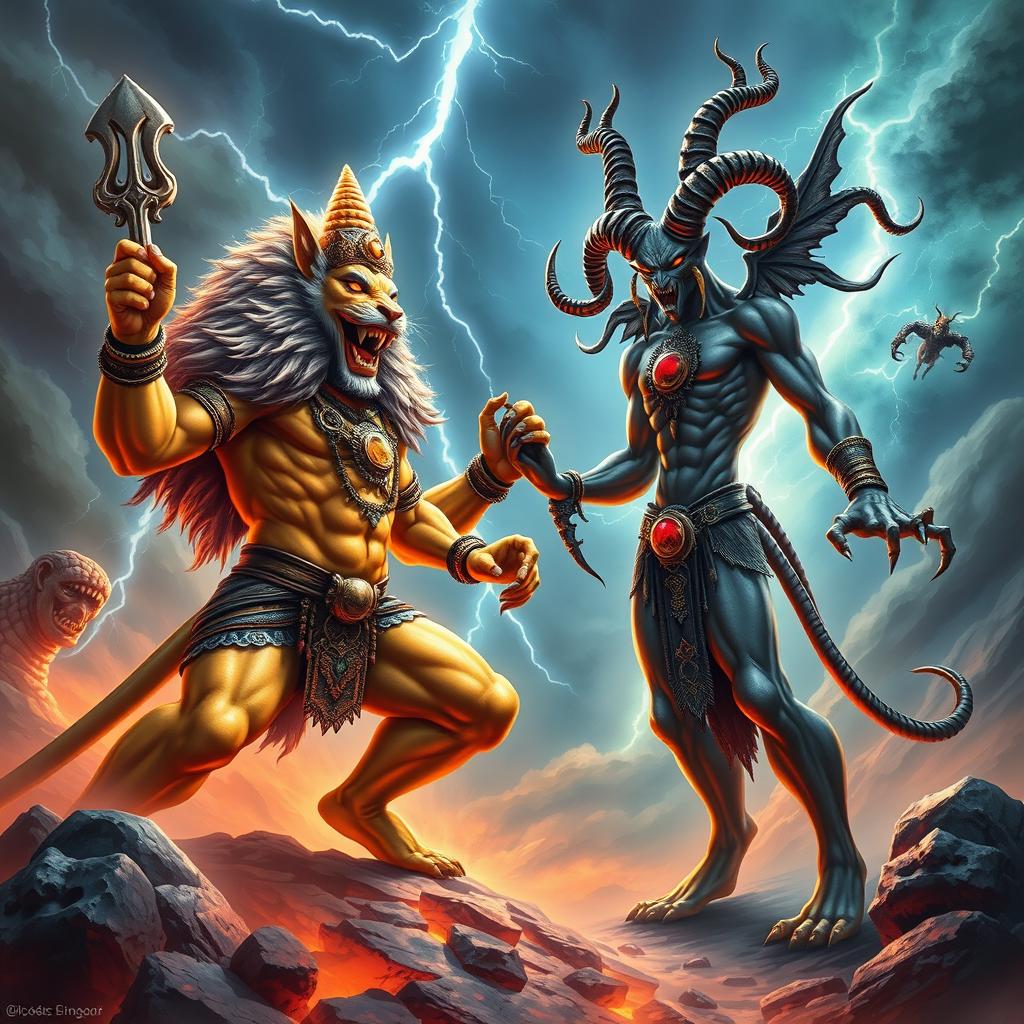 An epic depiction of a fierce battle between Narasimha, the lion-headed avatar of Vishnu, and Baphomet, the occult symbol often depicted as a goat-headed figure