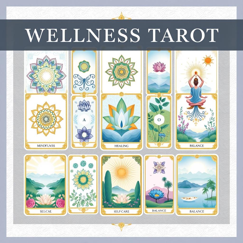A beautifully designed wellness tarot poster featuring intricate illustrations of tarot cards representing diverse wellness themes such as mindfulness, healing, self-care, and balance