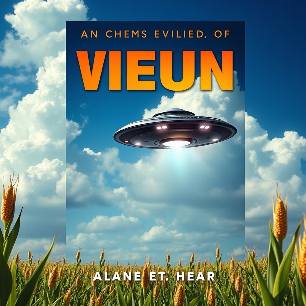 A captivating book cover design featuring a UFO hovering above a vast cornfield, showcasing a clear blue sky with fluffy white clouds