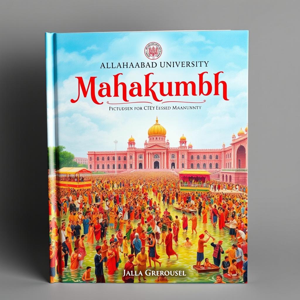 A vibrant book cover design for a documentary poster focused on Allahabad University and the topic of Mahakumbh