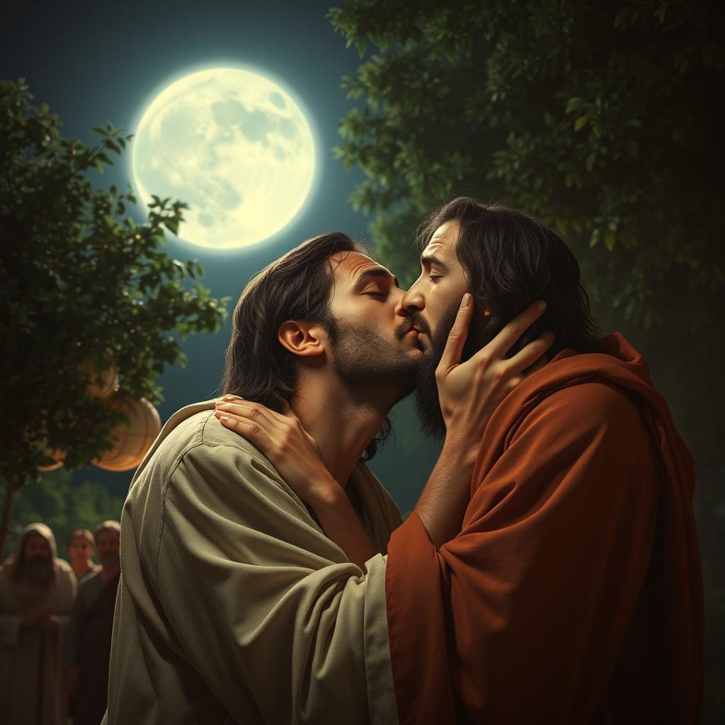 A dramatic and emotional depiction of the biblical scene commonly referred to as "The Kiss of Judas