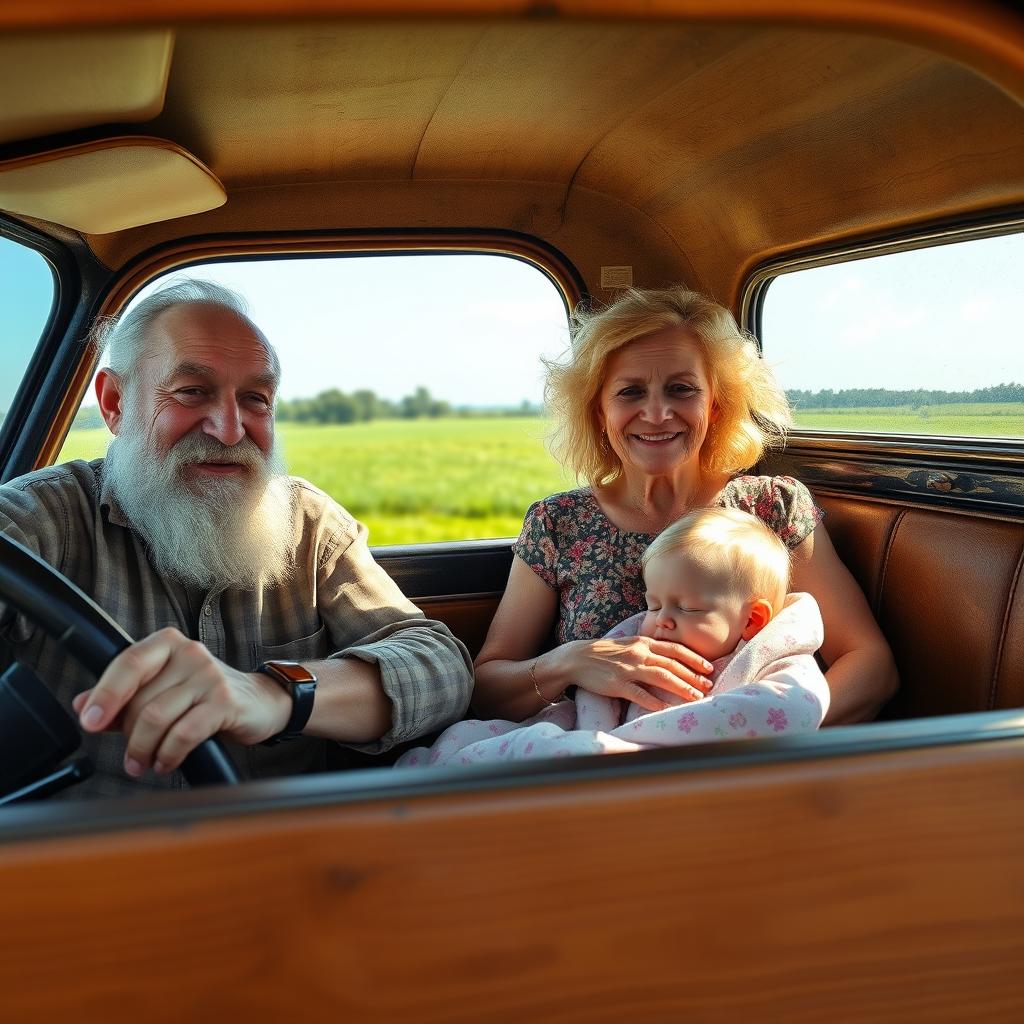 An old man with a big bushy beard driving a vintage pickup truck
