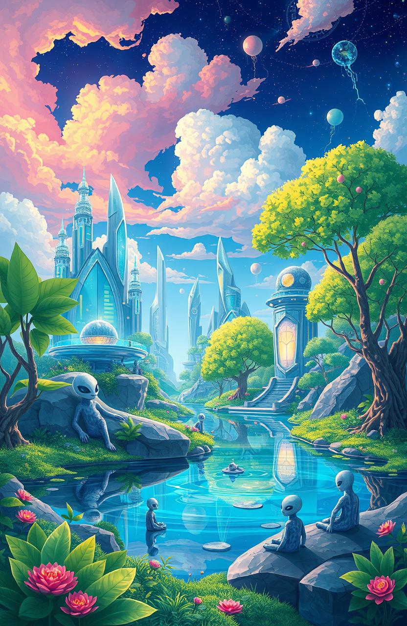 A vibrant illustration depicting harmony in a digital world, showcasing the balance between nature and technology with alien beings
