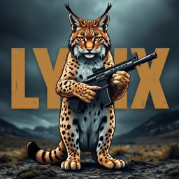 A fierce lynx cat standing upright and holding a gun confidently in its paws