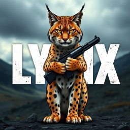 A fierce lynx cat standing upright and holding a gun confidently in its paws