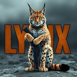 A fierce lynx cat standing upright and holding a gun confidently in its paws