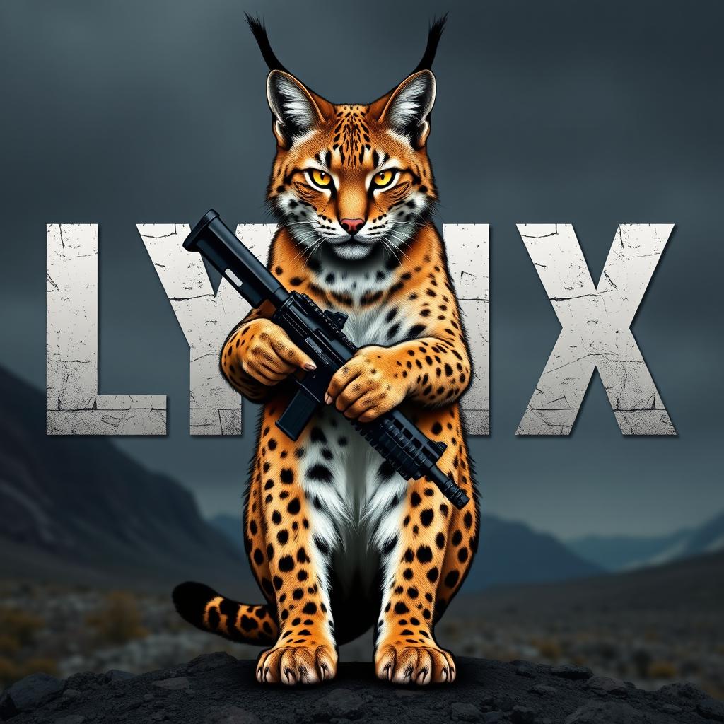 A fierce lynx cat standing upright and holding a gun confidently in its paws