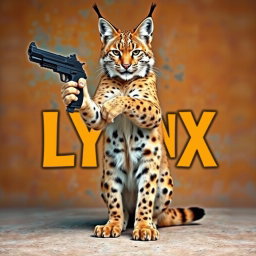 A fierce and majestic lynx cat standing upright and brandishing a gun in its paws