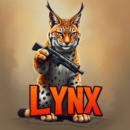 A fierce and majestic lynx cat standing upright and brandishing a gun in its paws