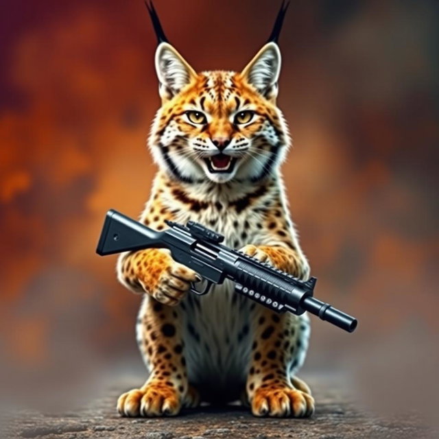 A fierce and majestic lynx cat standing upright and brandishing a gun in its paws