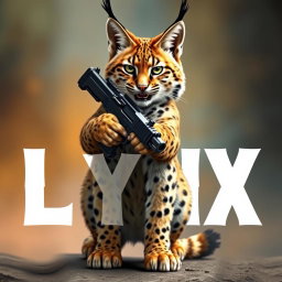 A fierce and majestic lynx cat standing upright and brandishing a gun in its paws