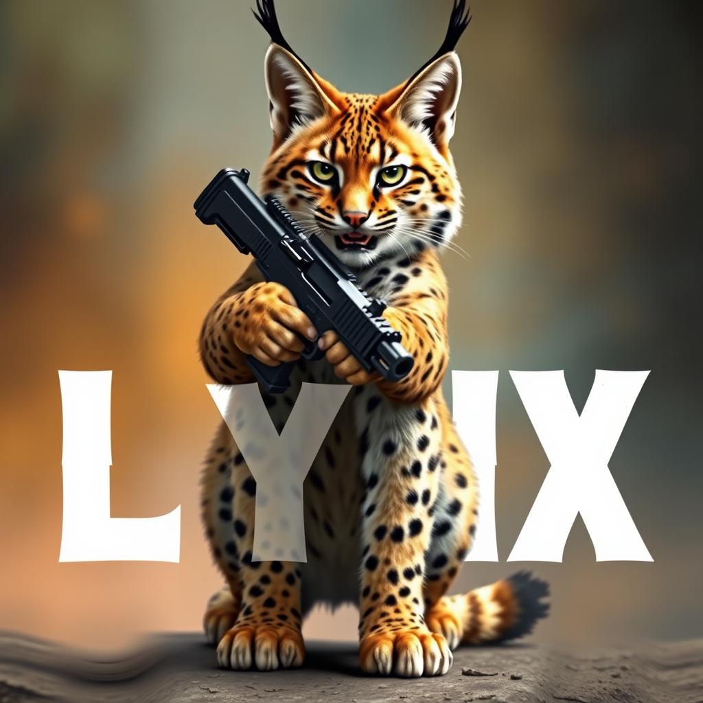 A fierce and majestic lynx cat standing upright and brandishing a gun in its paws