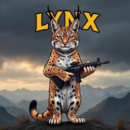 A striking lynx cat standing confidently on its hind legs, holding a gun in its front paws