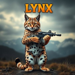A striking lynx cat standing confidently on its hind legs, holding a gun in its front paws