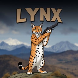 A striking lynx cat standing confidently on its hind legs, holding a gun in its front paws
