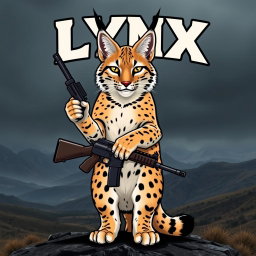 A striking lynx cat standing confidently on its hind legs, holding a gun in its front paws