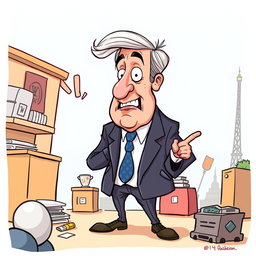 A humorous cartoon-style illustration depicting a character that combines elements of a political figure with exaggerated caricatures of body features, inspired by the exaggerations of political cartoons