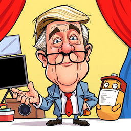 A humorous cartoon-style illustration depicting a character that combines elements of a political figure with exaggerated caricatures of body features, inspired by the exaggerations of political cartoons