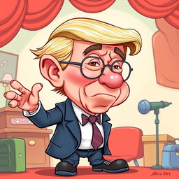 A humorous cartoon-style illustration depicting a character that combines elements of a political figure with exaggerated caricatures of body features, inspired by the exaggerations of political cartoons