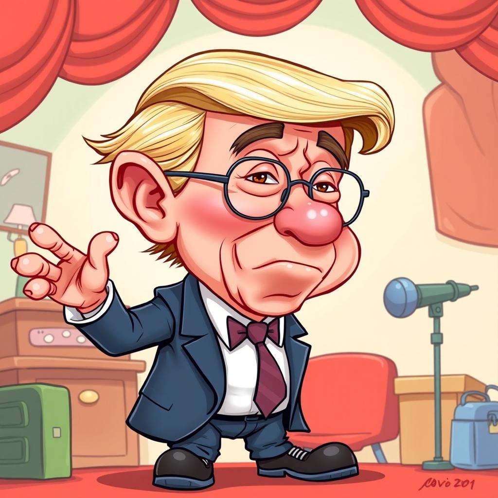 A humorous cartoon-style illustration depicting a character that combines elements of a political figure with exaggerated caricatures of body features, inspired by the exaggerations of political cartoons