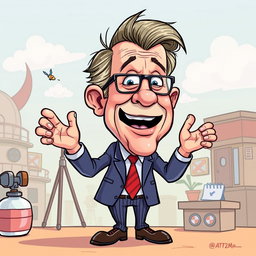 A humorous cartoon-style illustration depicting a character that combines elements of a political figure with exaggerated caricatures of body features, inspired by the exaggerations of political cartoons
