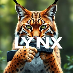 A majestic lynx cat proudly holding a sleek handgun in its front paws, with an intense gaze