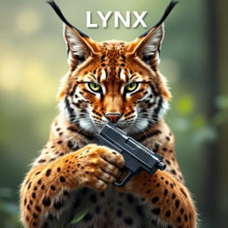 A majestic lynx cat proudly holding a sleek handgun in its front paws, with an intense gaze