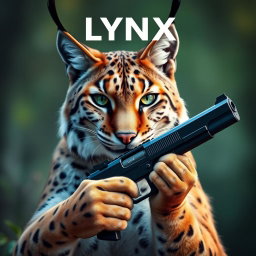 A majestic lynx cat proudly holding a sleek handgun in its front paws, with an intense gaze