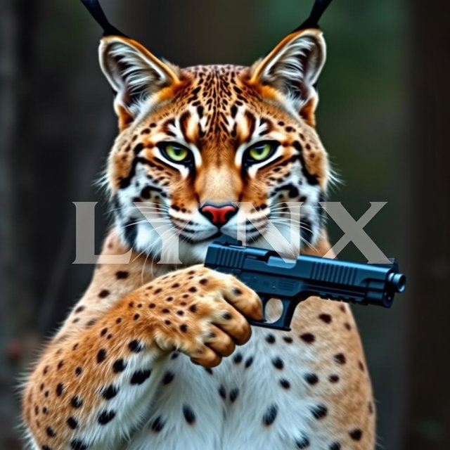 A majestic lynx cat proudly holding a sleek handgun in its front paws, with an intense gaze