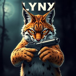 A fierce lynx cat confidently holding a futuristic handgun in its paws, with sharp claws and an intense expression