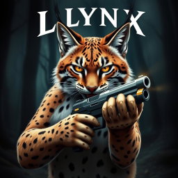 A fierce lynx cat confidently holding a futuristic handgun in its paws, with sharp claws and an intense expression