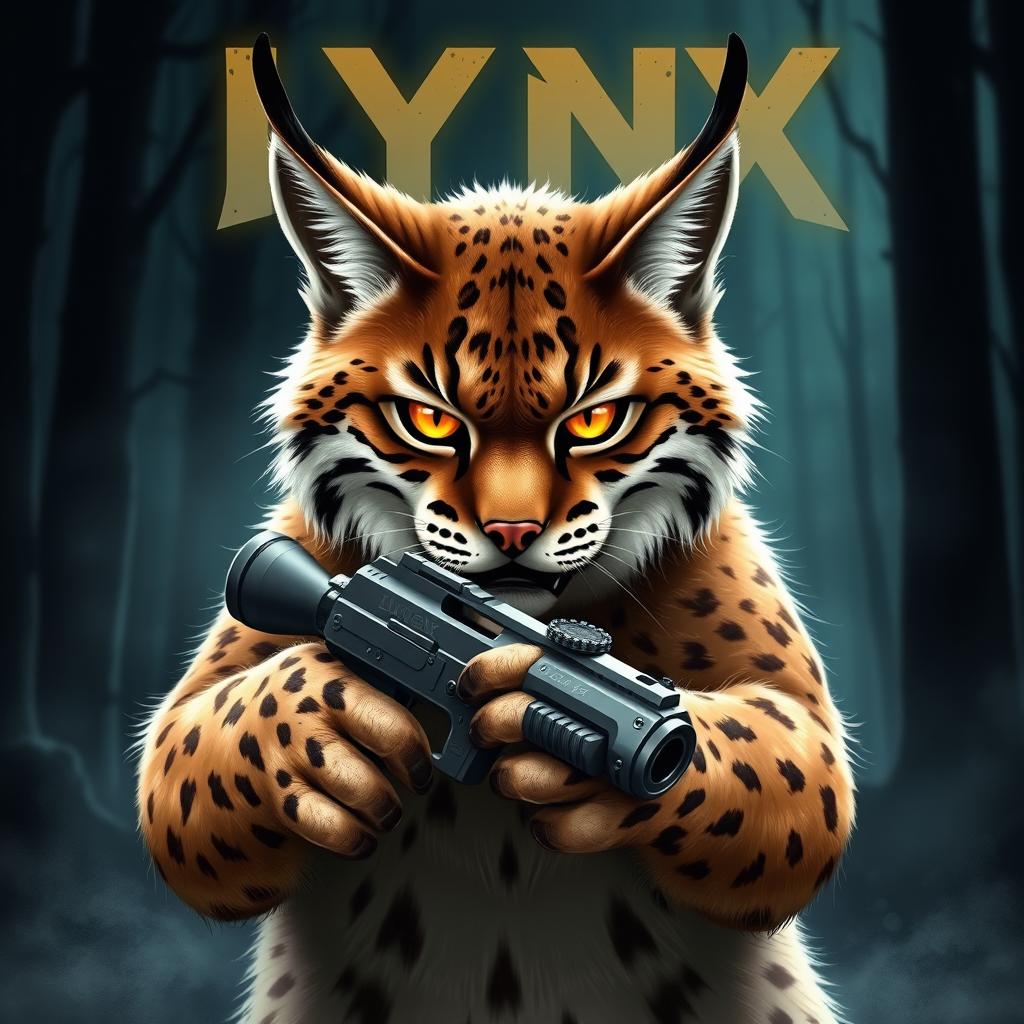 A fierce lynx cat confidently holding a futuristic handgun in its paws, with sharp claws and an intense expression