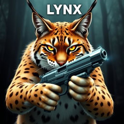 A fierce lynx cat confidently holding a futuristic handgun in its paws, with sharp claws and an intense expression