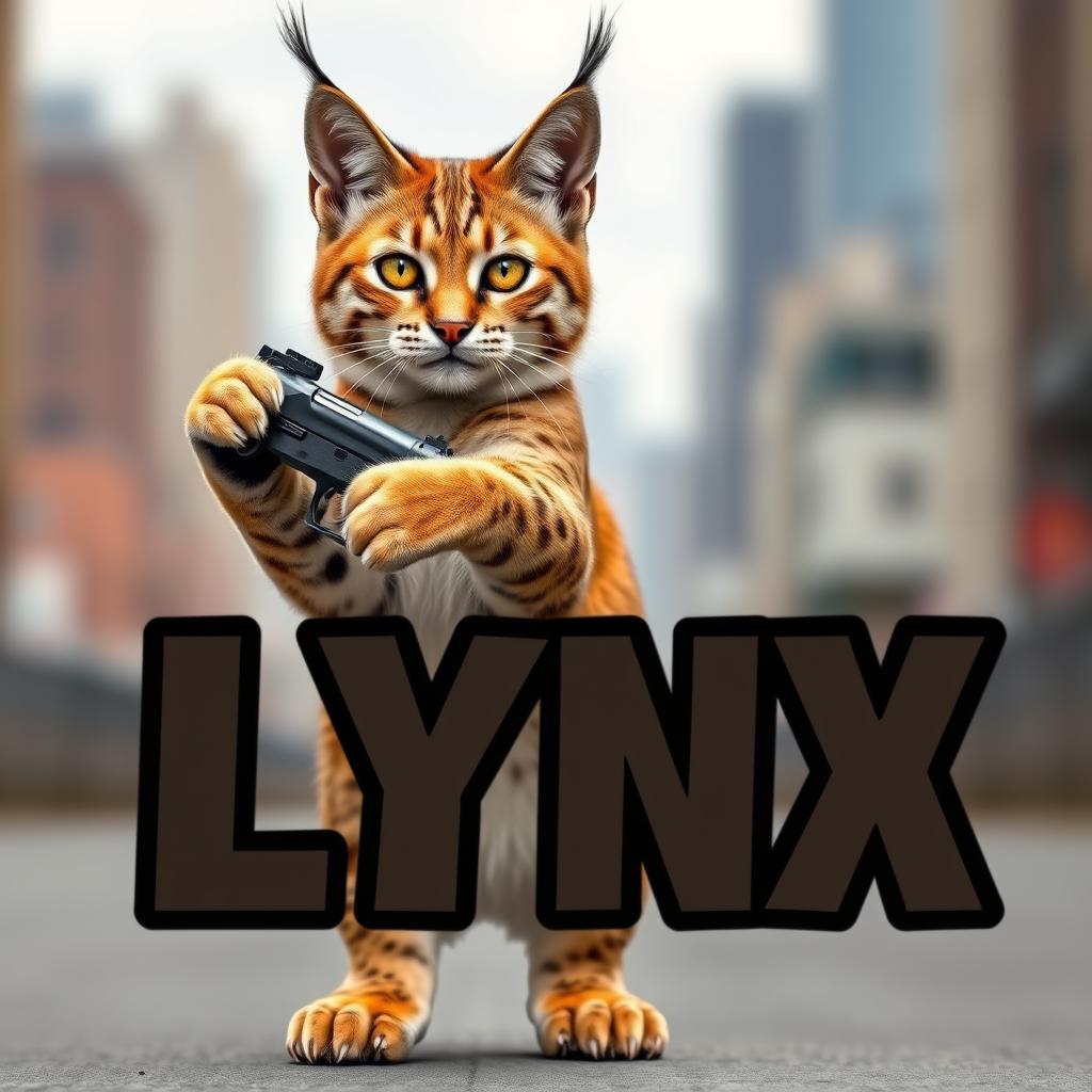 A Lynx cat standing upright, confidently holding a shiny handgun in its paws