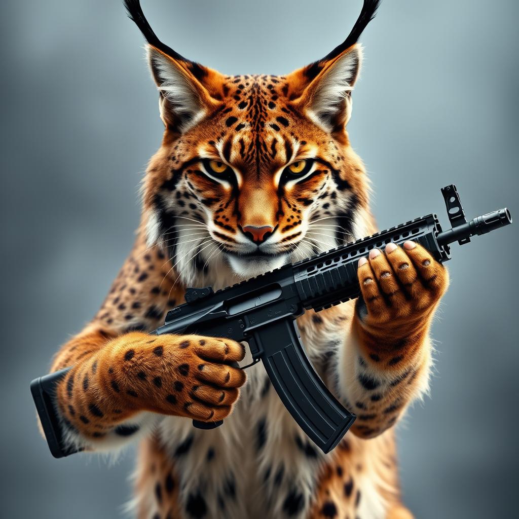 A majestic lynx with striking fur coat details, holding an AK-47 in its paws, exuding an aura of fierce intensity and anger