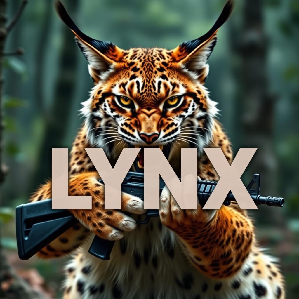 A fierce lynx with an intense expression, holding an AK-47 in its front paws, showcasing an aggressive stance