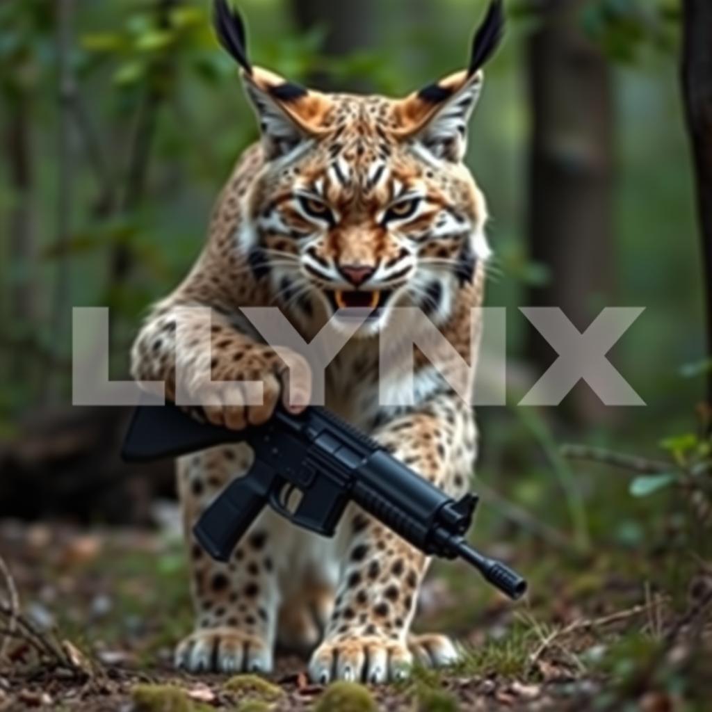 A realistic and fierce-looking lynx, gripping an AK-47 with its front paws, displaying an angry expression