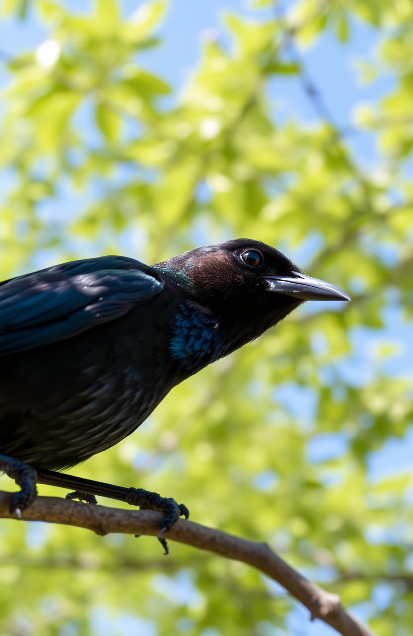 A close-up of a beautiful blackbird perched gracefully on a branch