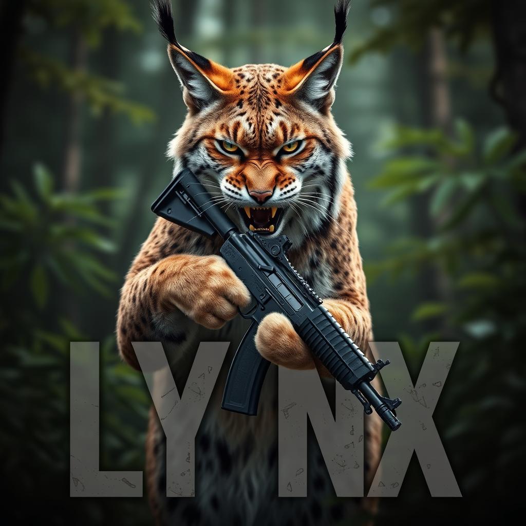 An angry lynx gripping an AK-47 tightly in its front paws, showcasing a fierce expression