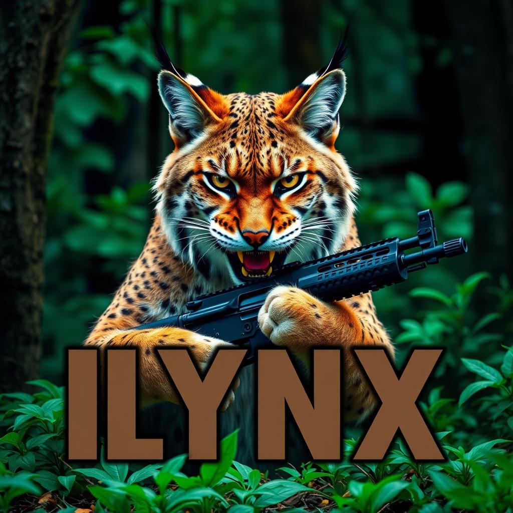 An aggressive lynx with a fierce expression, firmly gripping an AK-47 in its front paws