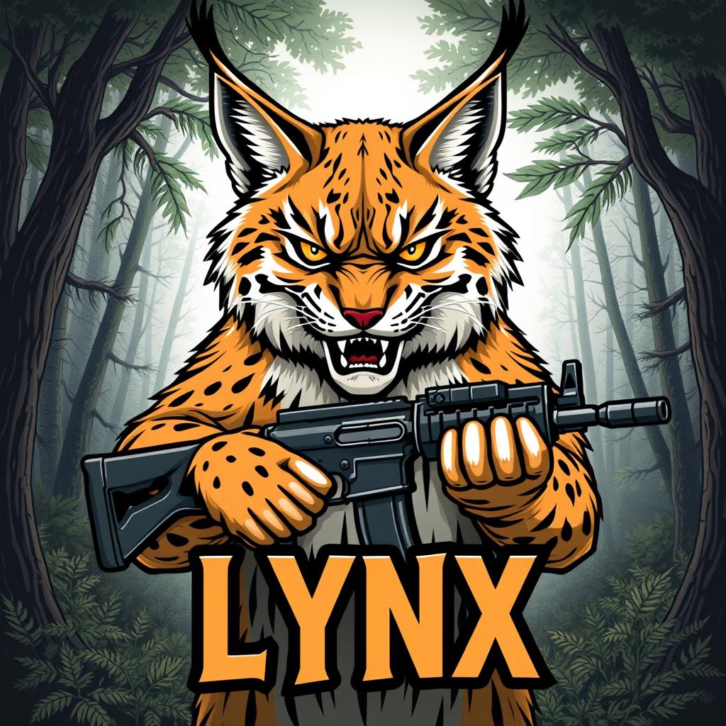 A fierce-looking lynx holding an AK-47 in its front paws, showcasing an intimidating and angry expression