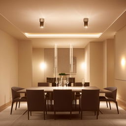 A minimalist, elegant dining area with a sleek table, clean lines, sophisticated chairs, ambient lighting, and subtle, tasteful decorations.