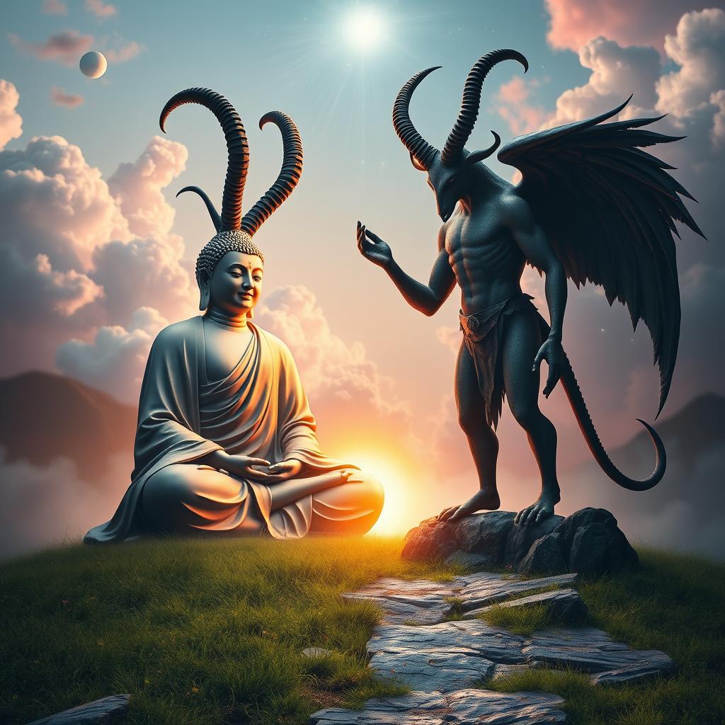 A surreal scene featuring Buddha and Baphomet in an epic confrontation
