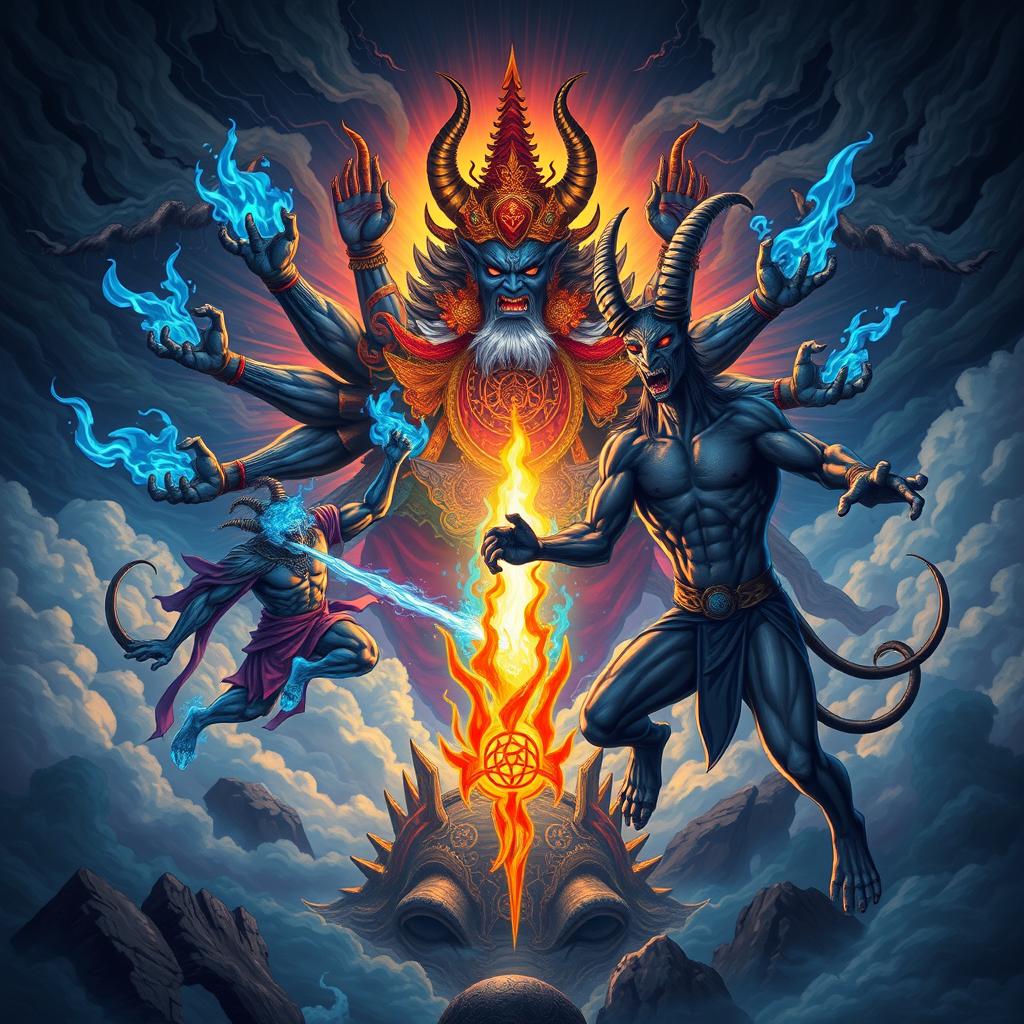 A dramatic and intense illustration of a battle between Mahakala, a fierce and powerful figure in Tibetan Buddhism, depicted with multiple arms, fierce facial expression, and surrounded by blue flames, and Baphomet, a goat-headed figure symbolizing occult knowledge and wisdom, depicted with a human body, intricate pentacles, and an aura of mysticism