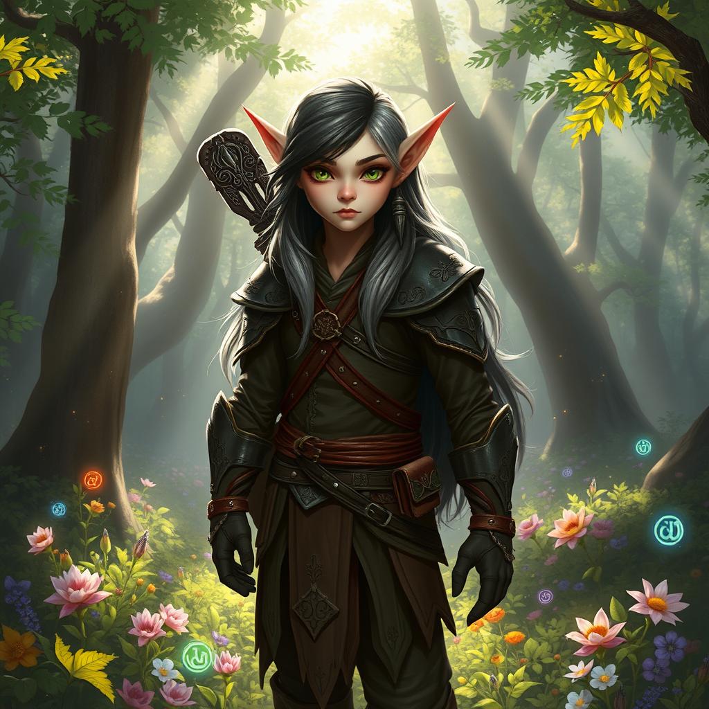 A half-elf standing in a magical forest, with pointed ears and vibrant green eyes, dressed in intricate leather armor that blends traditional elven motifs with rugged human style