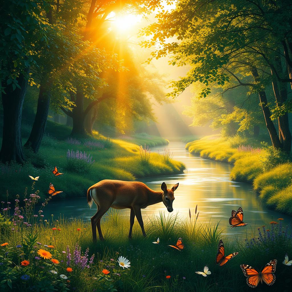 A tranquil forest scene illuminated by golden sunlight filtering through the leaves, showcasing lush greenery and colorful wildflowers